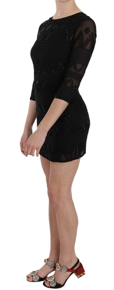 Black Silk Sequined Mini Shift Gown Dress John Richmond
