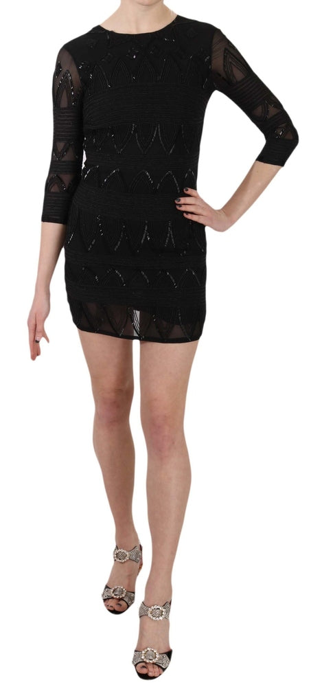 Black Silk Sequined Mini Shift Gown Dress John Richmond