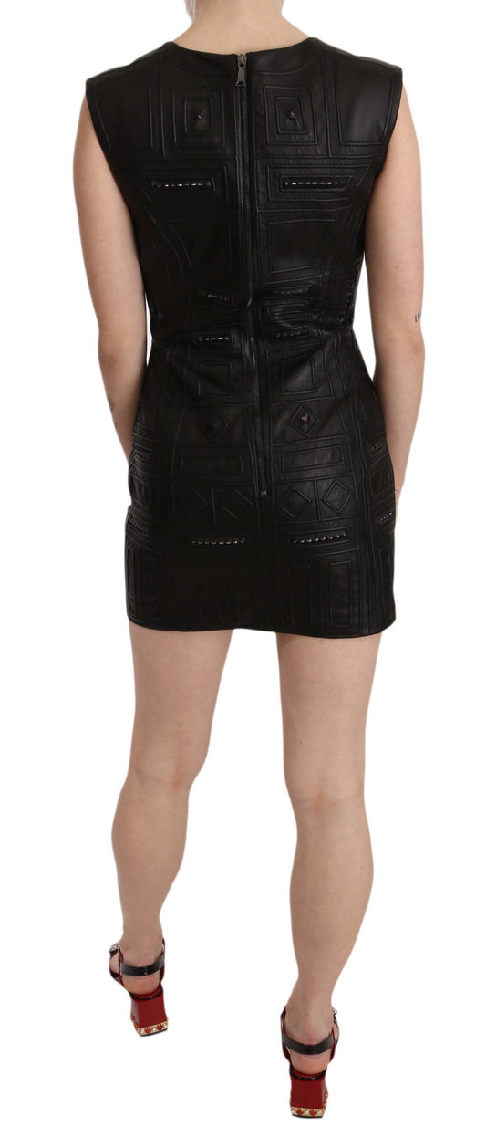 Black Leather Studded Mini Shift Dress Dress John Richmond