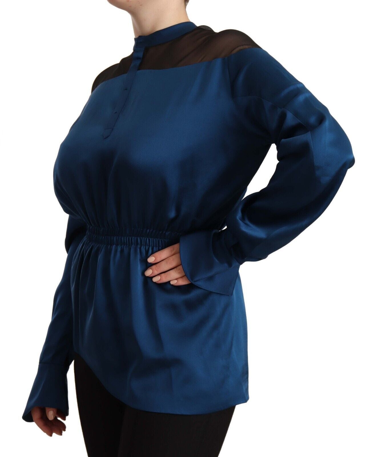 Blue Silk Long Sleeves Elastic Waist Top Blouse Blouses Masha Ma
