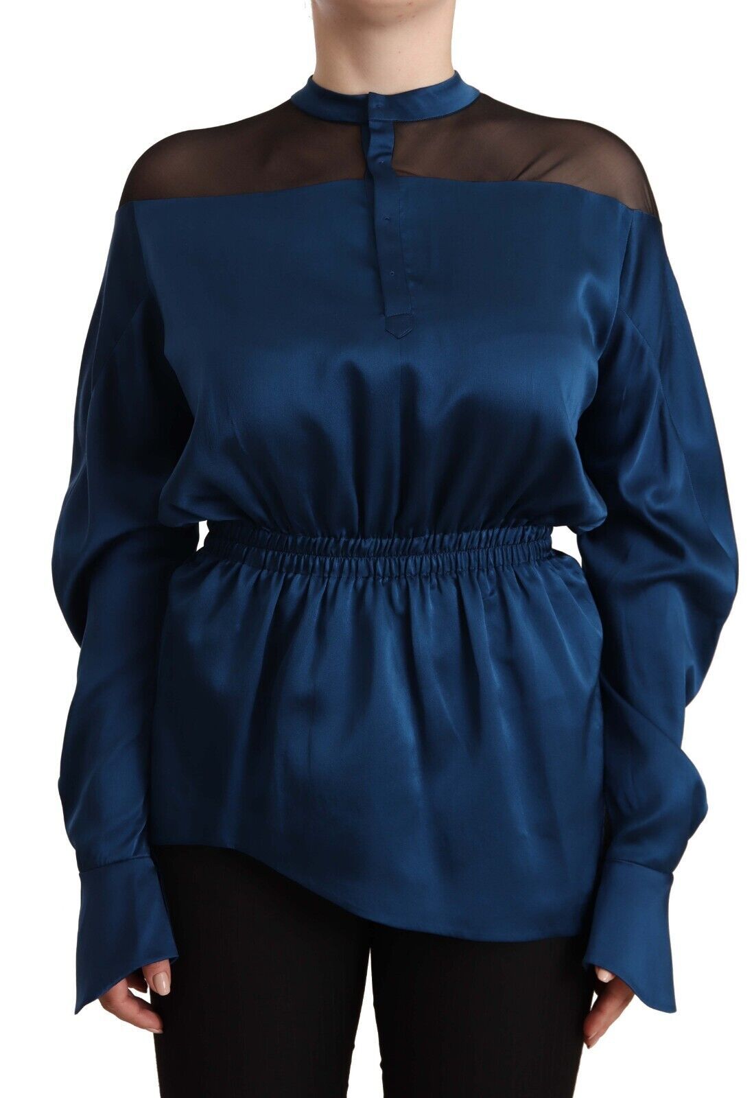 Blue Silk Long Sleeves Elastic Waist Top Blouse Blouses Masha Ma