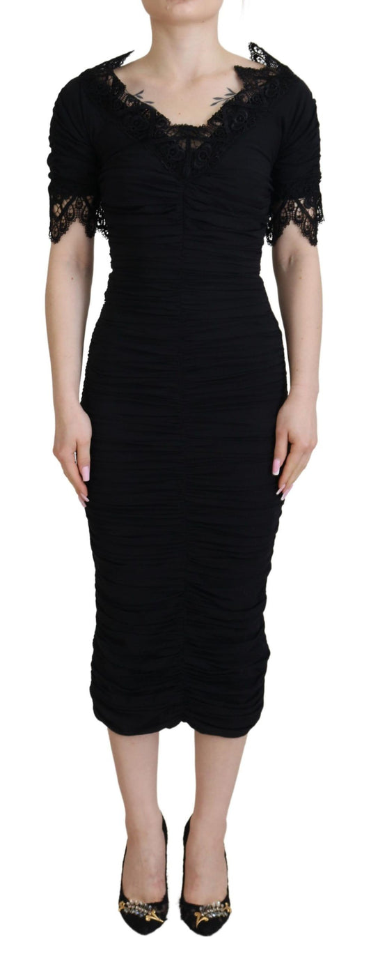 Black Sheath Midi Bodycon Lace Silk Dress Dress Dolce & Gabbana