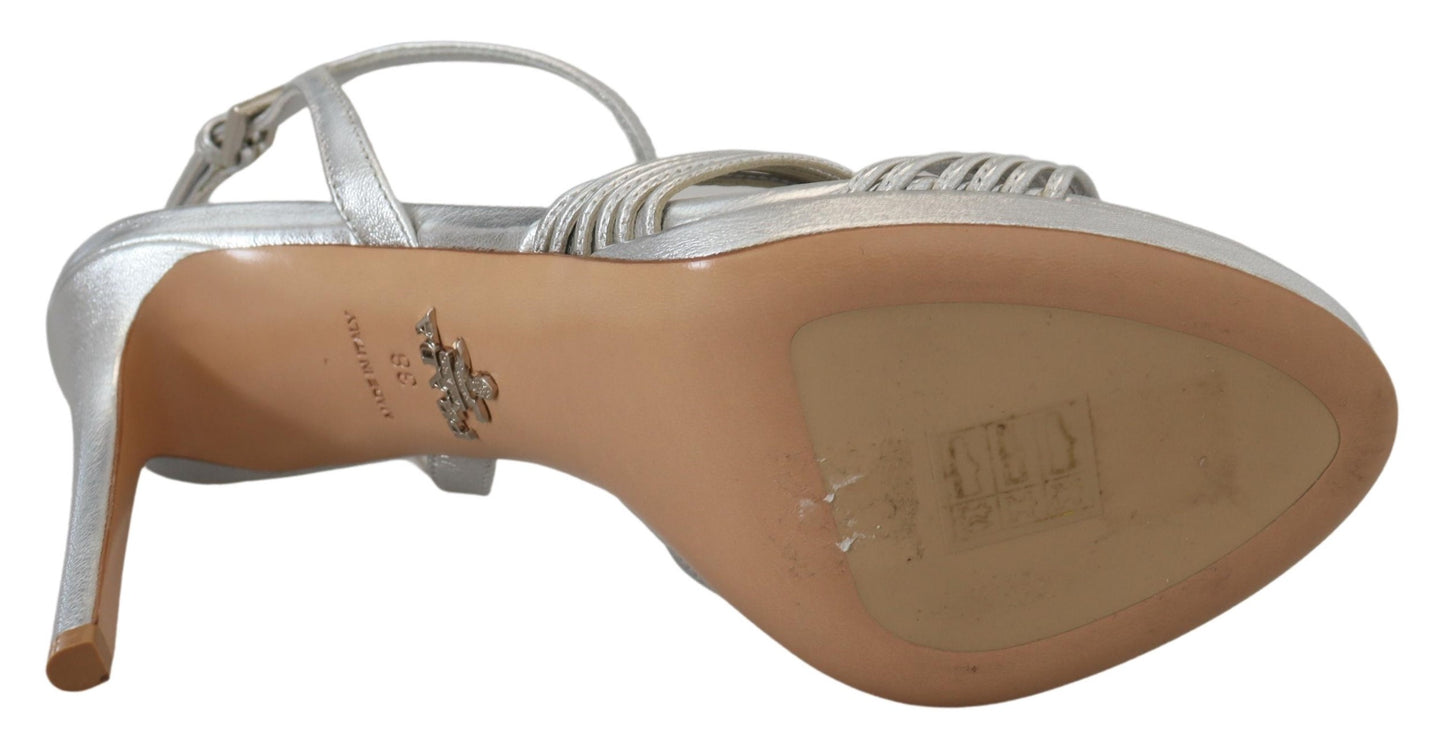 Silver Leather Sandals Ankle Strap Heels Stiletto Shoes Prada