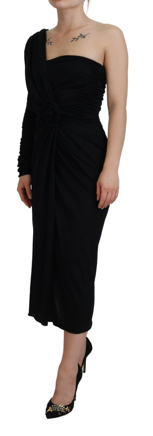 Black Wrap Sheath One Shoulder Wool Dress Dress Dolce & Gabbana