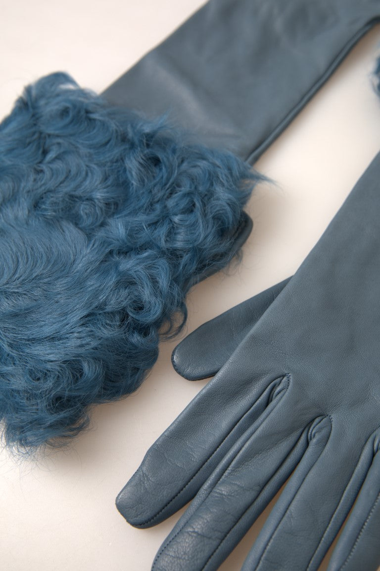 Blue Leather Fur Mid Arm Length Gloves Gloves Dolce & Gabbana