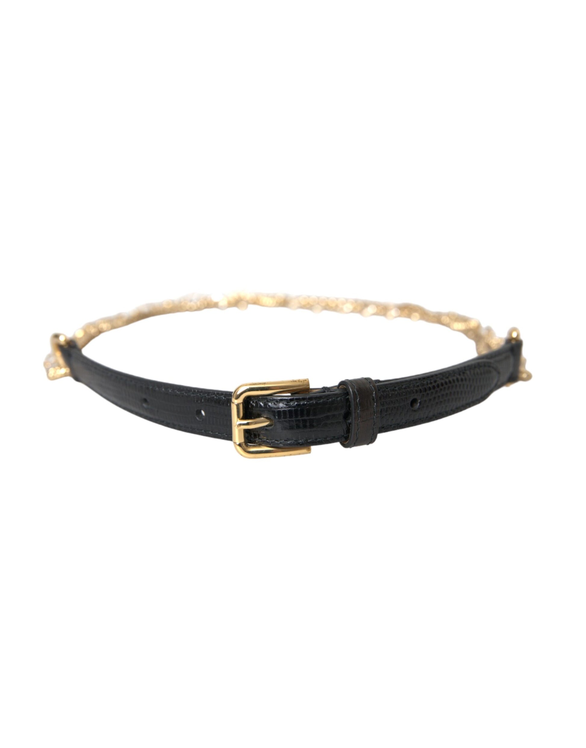 Black Leather Gold Chain Crystal Waist Women Belt Belt Dolce & Gabbana