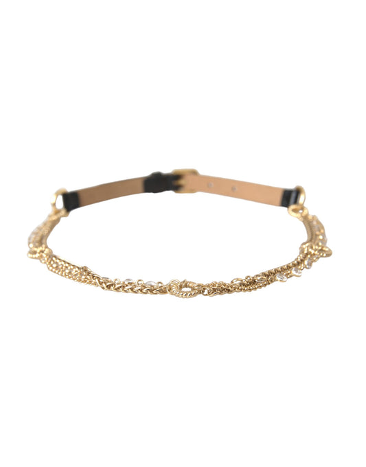 Black Leather Gold Chain Crystal Waist Women Belt Belt Dolce & Gabbana