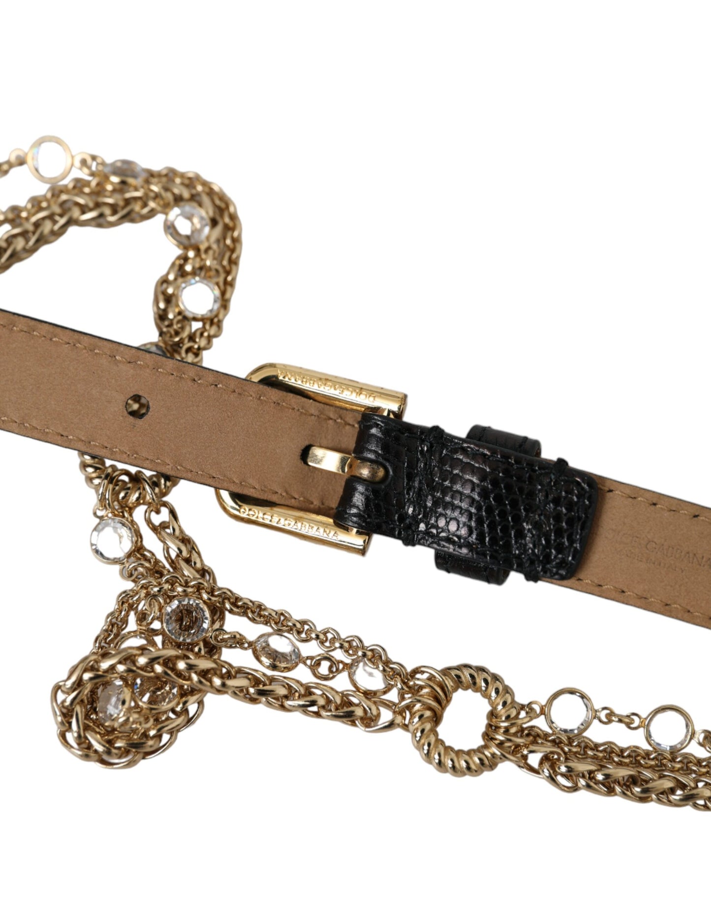 Black Leather Gold Chain Crystal Waist Women Belt Belt Dolce & Gabbana