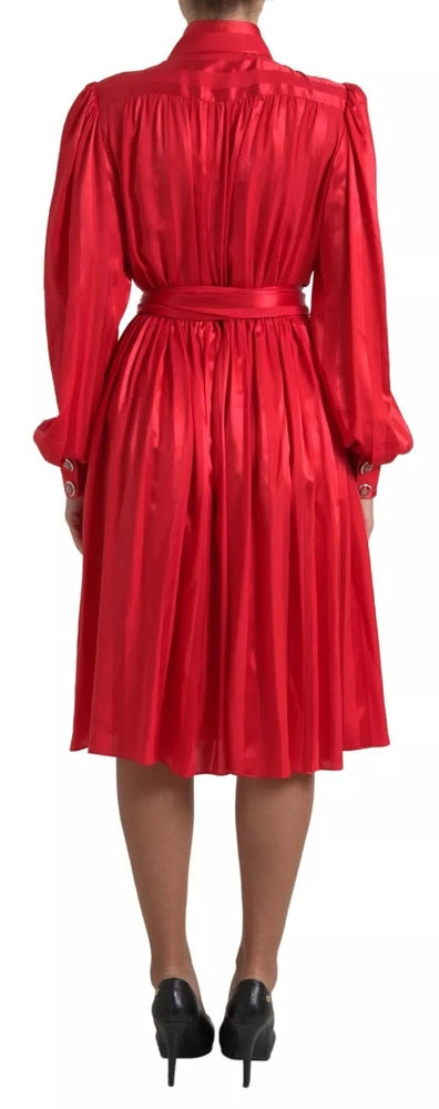 Red Button Down Belted Midi Satin Silk Dress Dress Dolce & Gabbana