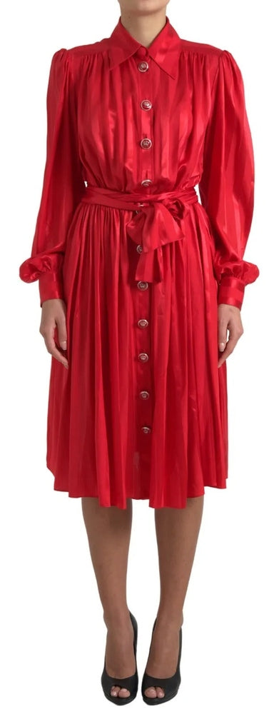 Red Button Down Belted Midi Satin Silk Dress Dress Dolce & Gabbana