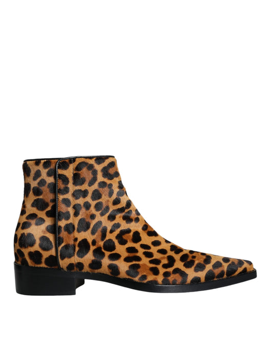 Brown Leopard Calf Fur Ankle Boots Shoes Shoes Dolce & Gabbana