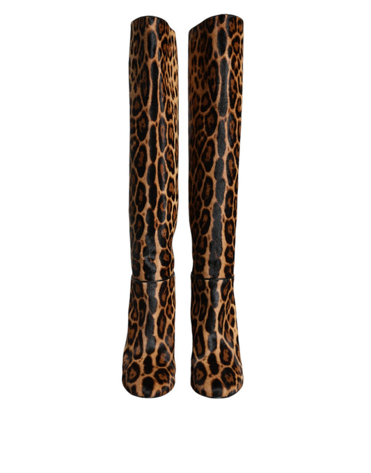 Beige Black Leopard Knee High Boots Shoes Shoes Dolce & Gabbana