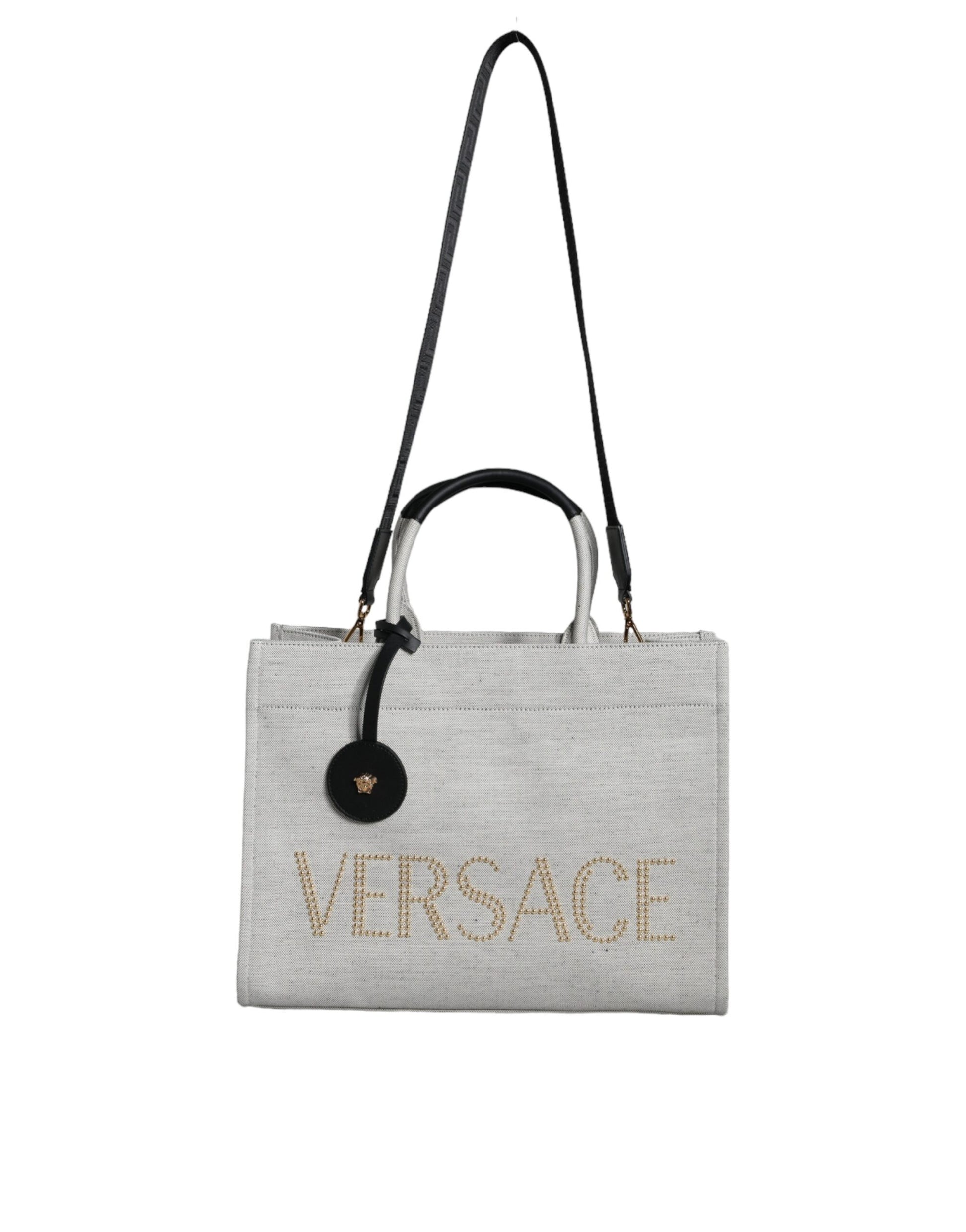 White Top Handle Canvas Leather Logo Crossbody Tote Bag Bags Versace