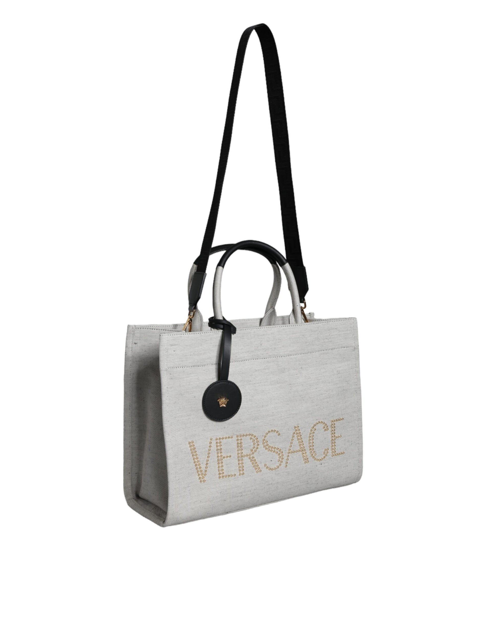 White Top Handle Canvas Leather Logo Crossbody Tote Bag Bags Versace