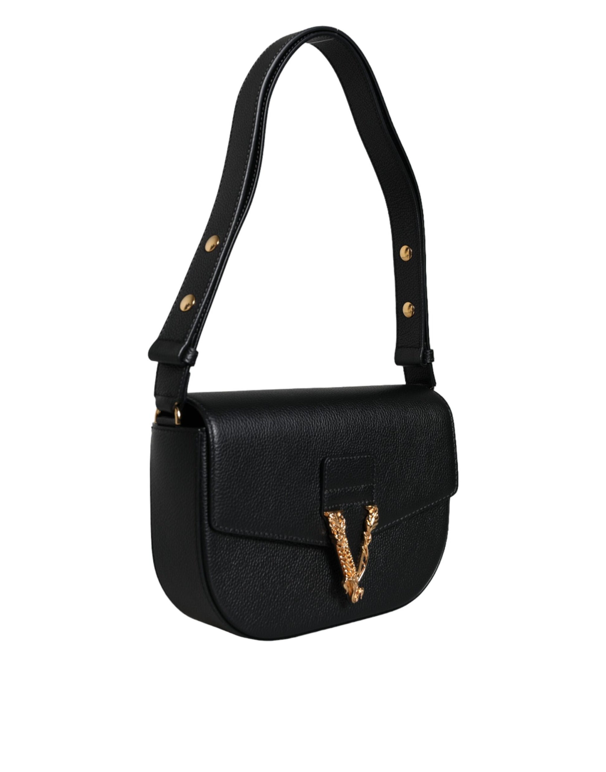 Black Grainy Calf Leather Logo Crossbody Shoulder Bag Bags Versace