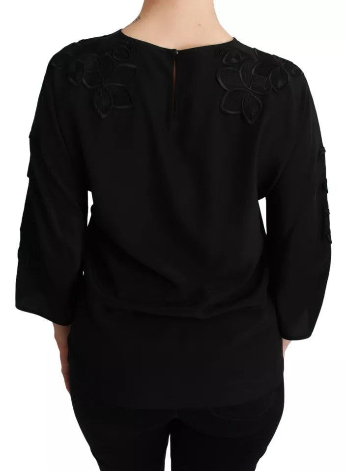Black Floral Embroidered Blouse Silk Top Blouses Dolce & Gabbana