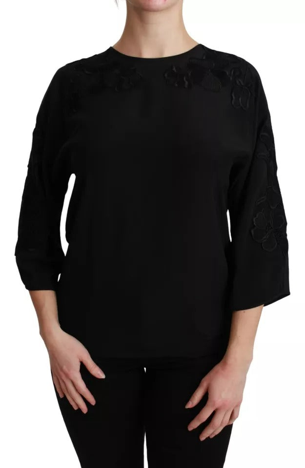 Black Floral Embroidered Blouse Silk Top Blouses Dolce & Gabbana