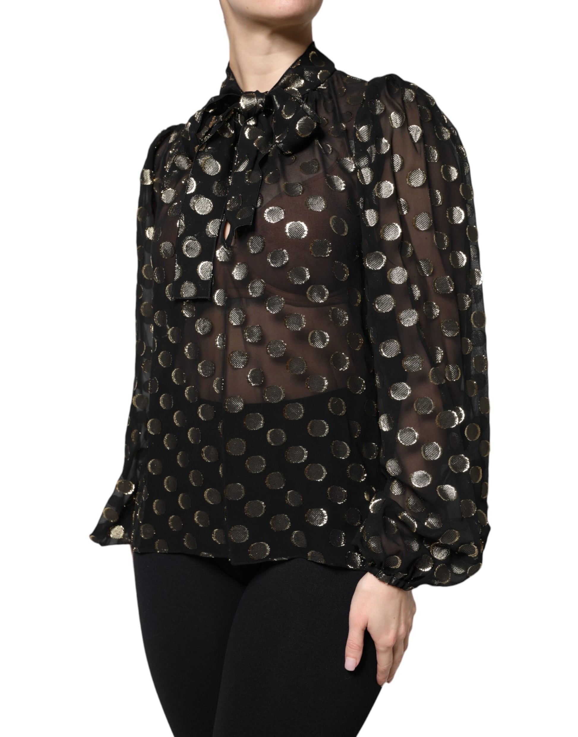 Black Sheer Tied Neck Polka Dots Blouse Top Blouses Dolce & Gabbana