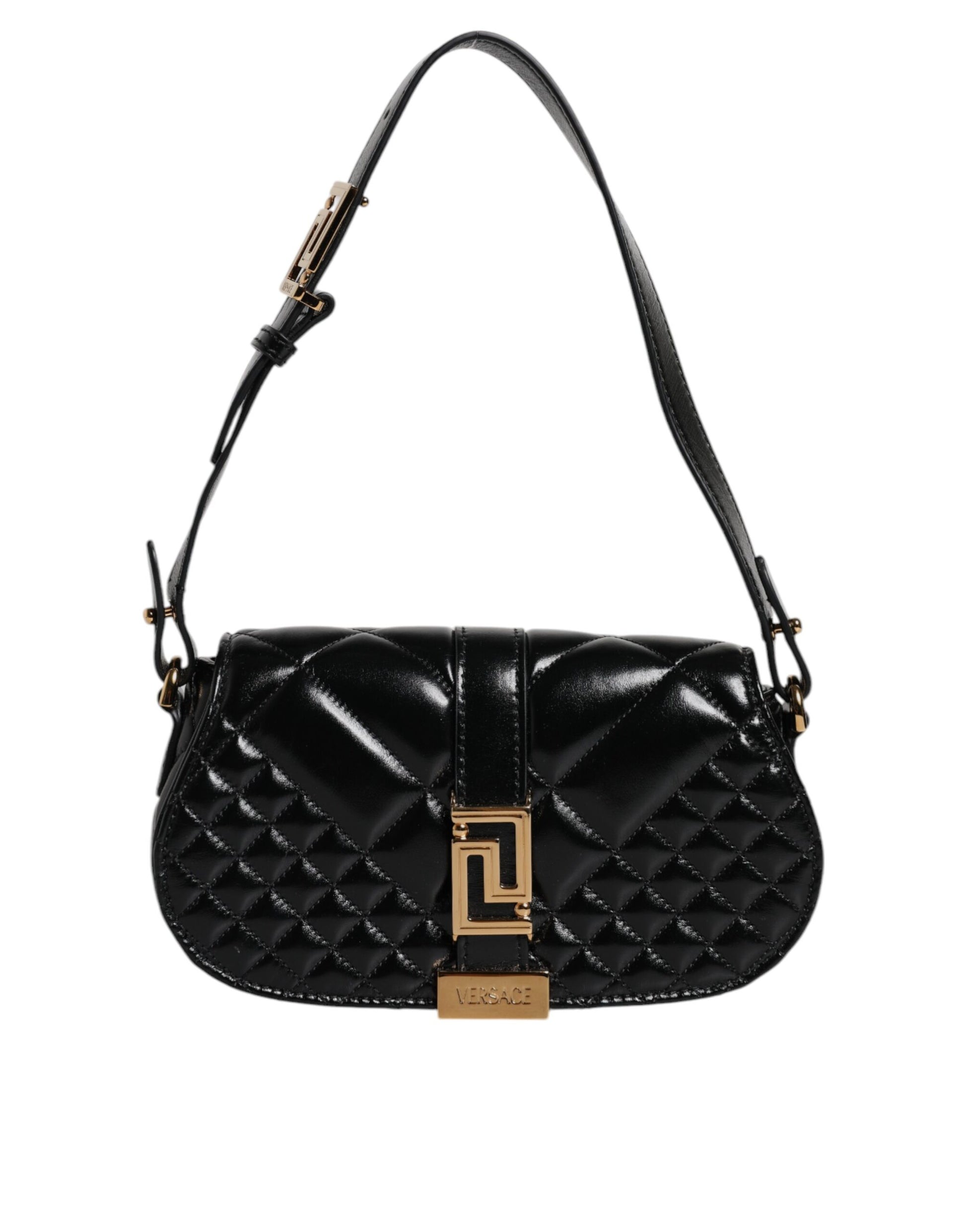 Black Calf Leather Quilted Shoulder Strap Bag Bags Versace