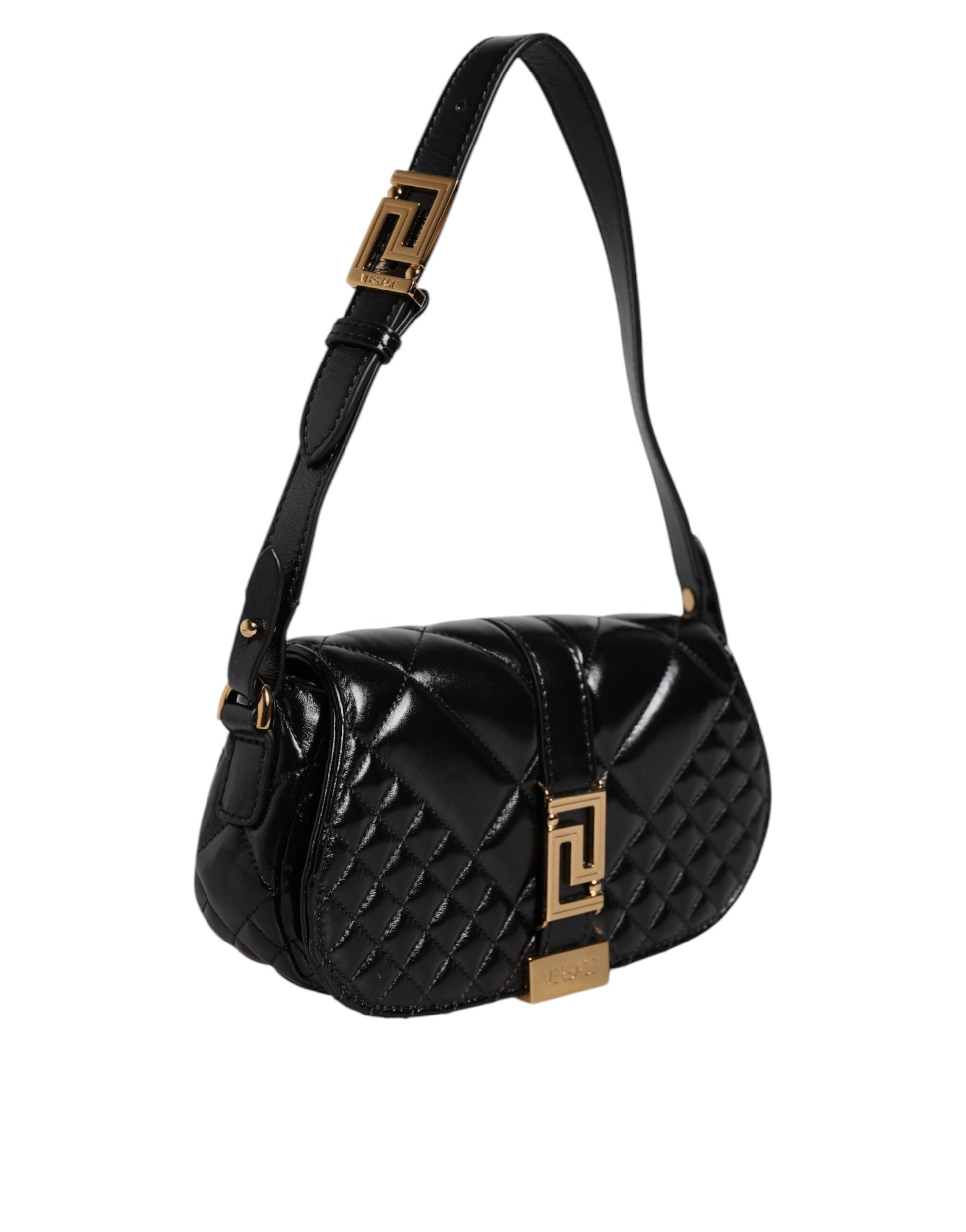 Black Calf Leather Quilted Shoulder Strap Bag Bags Versace