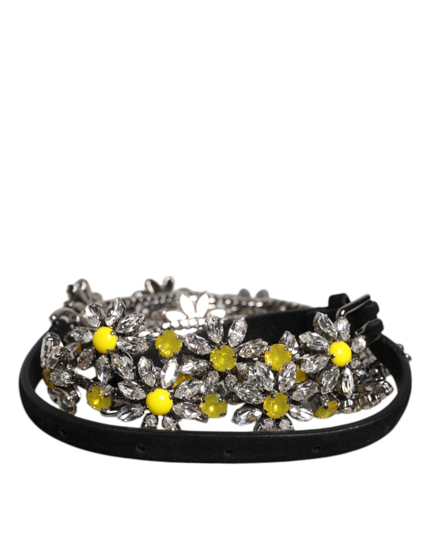 Black Leather Daisy Crystal Embellish Waist Belt Belt Dolce & Gabbana