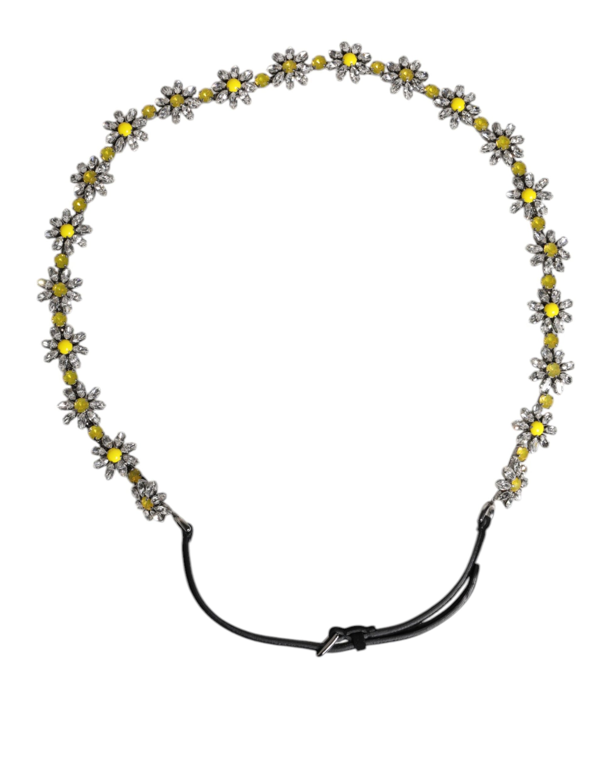Black Leather Daisy Crystal Embellish Waist Belt Belt Dolce & Gabbana
