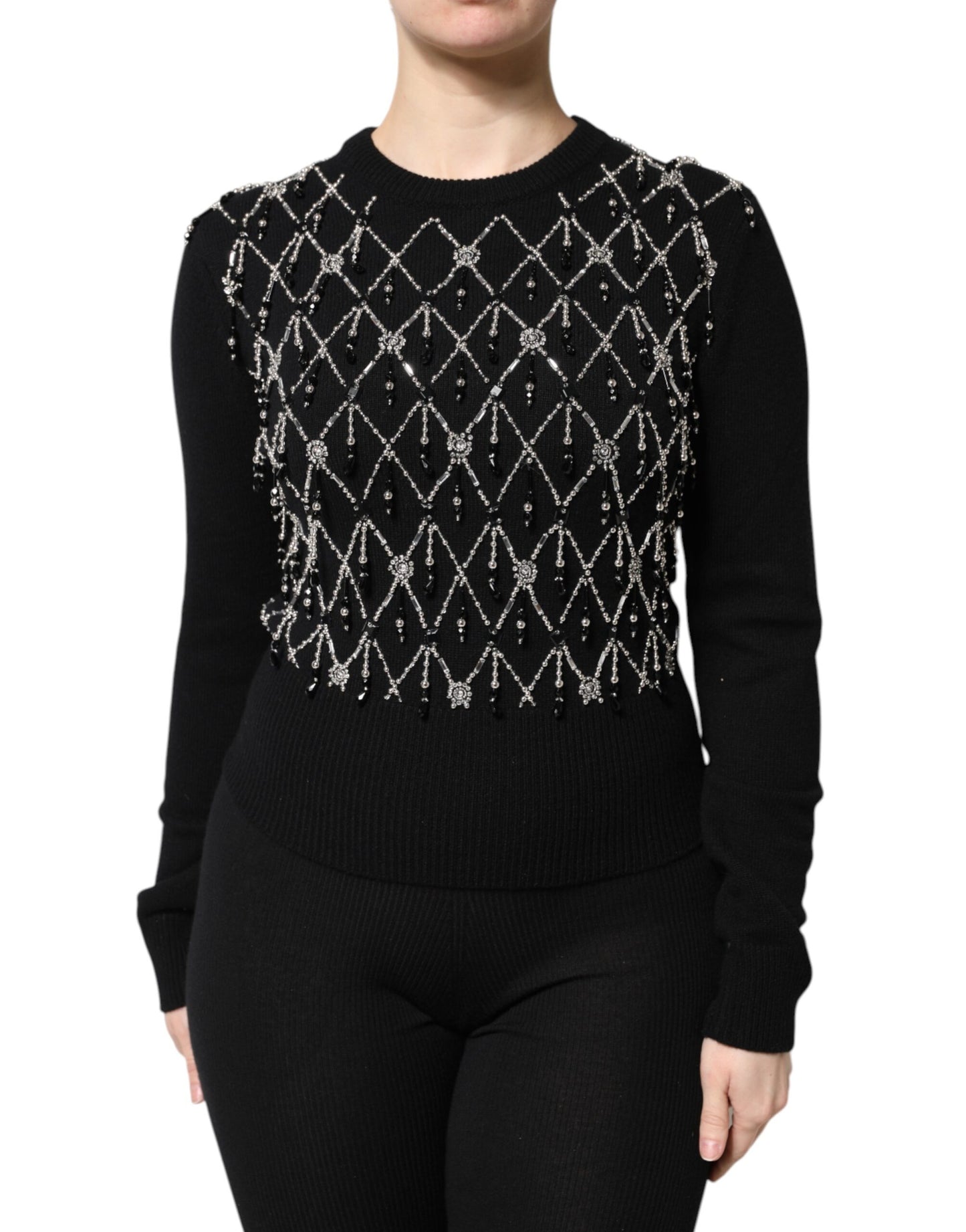 Black Cashmere Embellished Long Sleeves Top Blouses Dolce & Gabbana