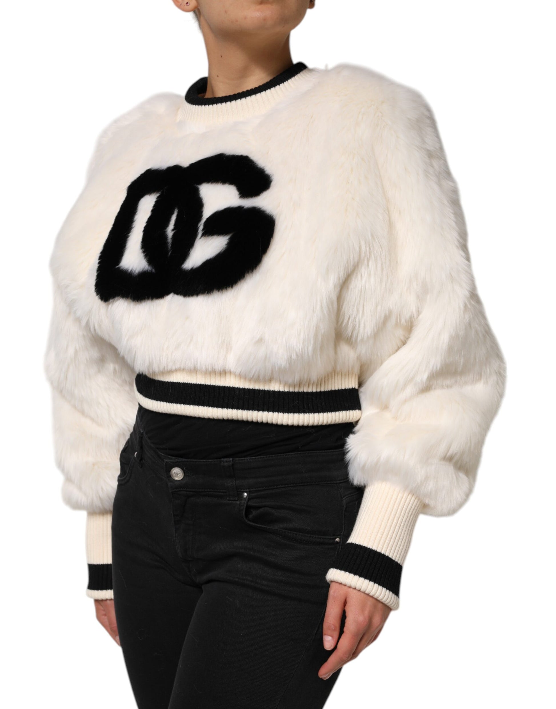 White Cropped Faux Fur DG Sweatshirt Sweater Knitwear Dolce & Gabbana