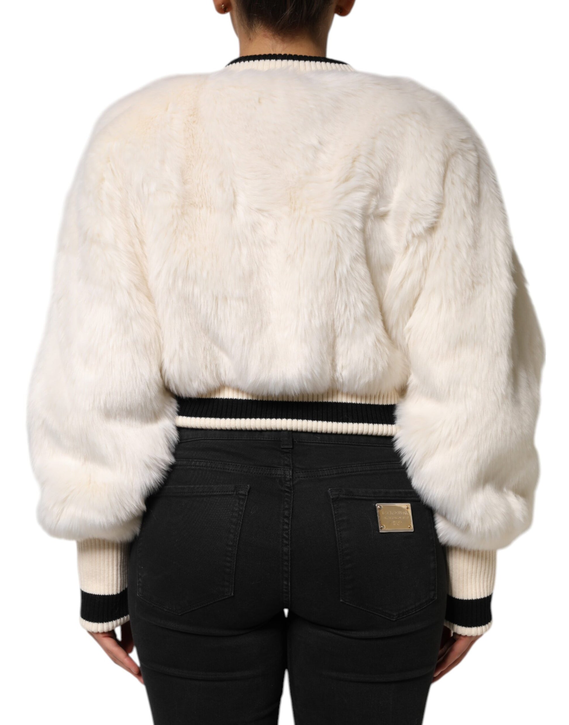 White Cropped Faux Fur DG Sweatshirt Sweater Knitwear Dolce & Gabbana