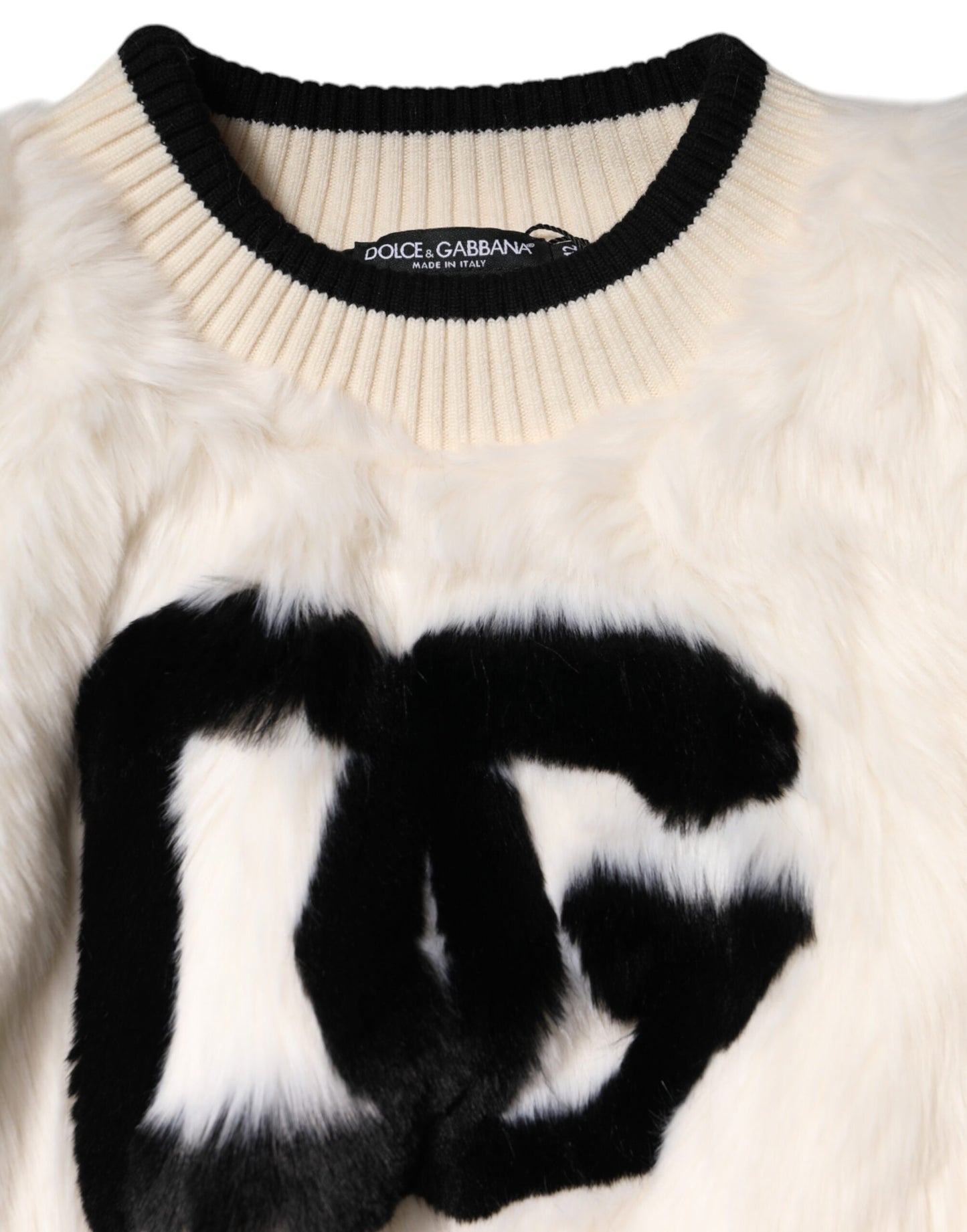 White Cropped Faux Fur DG Sweatshirt Sweater Knitwear Dolce & Gabbana