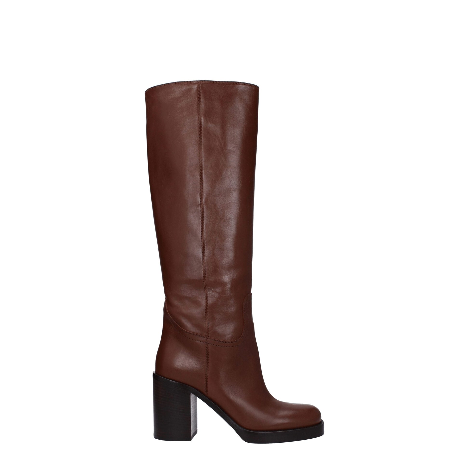 Brown Leather High Heel Boots Shoes Prada