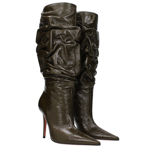 Green Leather High Heel Boots Shoes Amina Muaddi