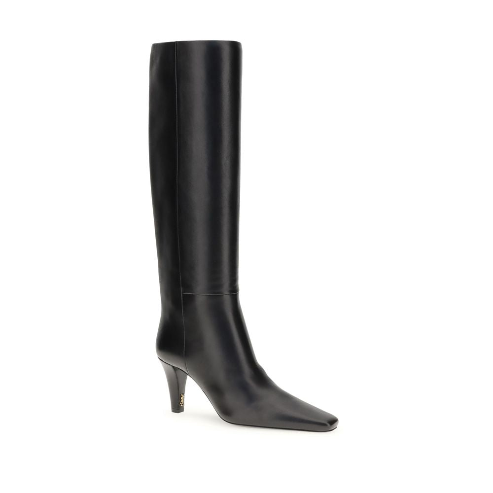 Black Leather High Heel Boots Shoes Saint Laurent