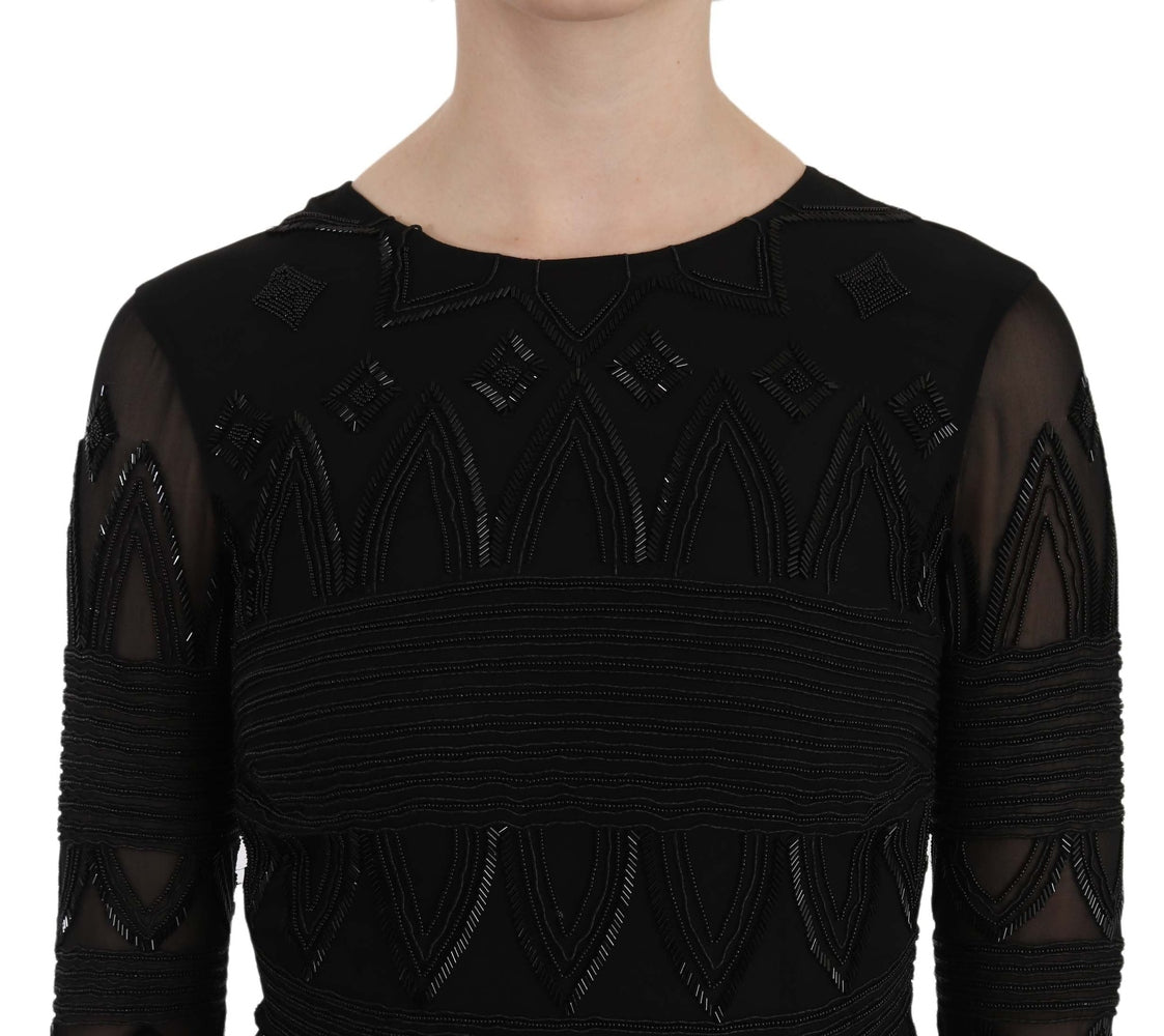 Black Silk Sequined Mini Shift Gown Dress John Richmond