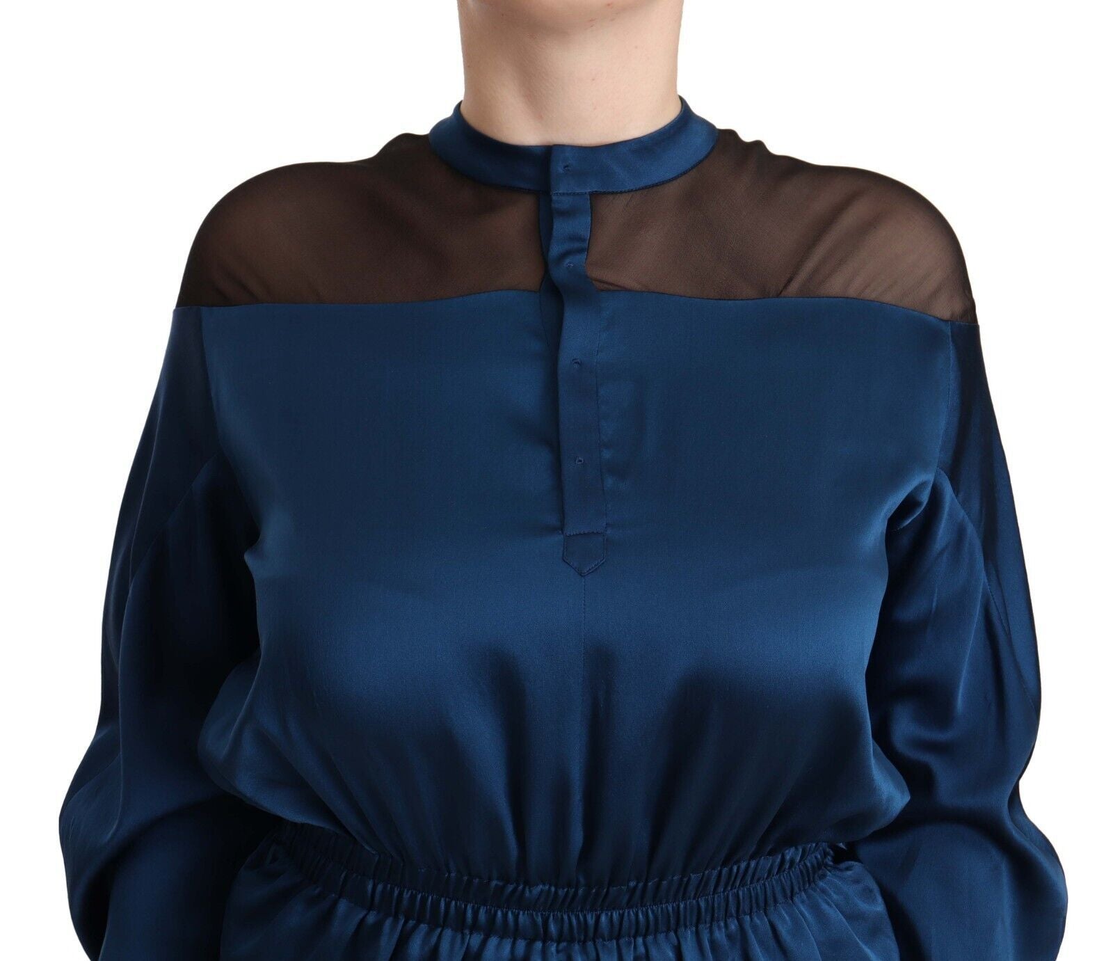 Blue Silk Long Sleeves Elastic Waist Top Blouse Blouses Masha Ma