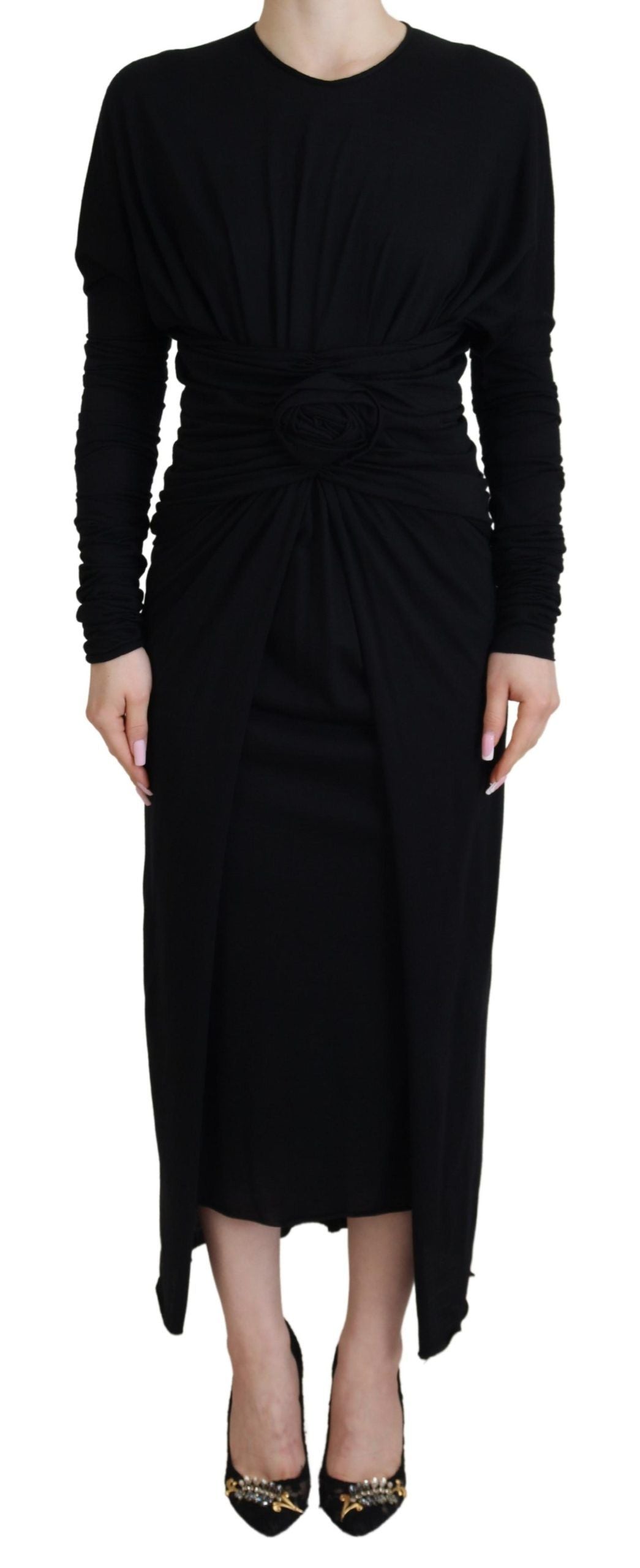 Black Sheath Midi Gown Wool Wrap Dress Dress Dolce & Gabbana