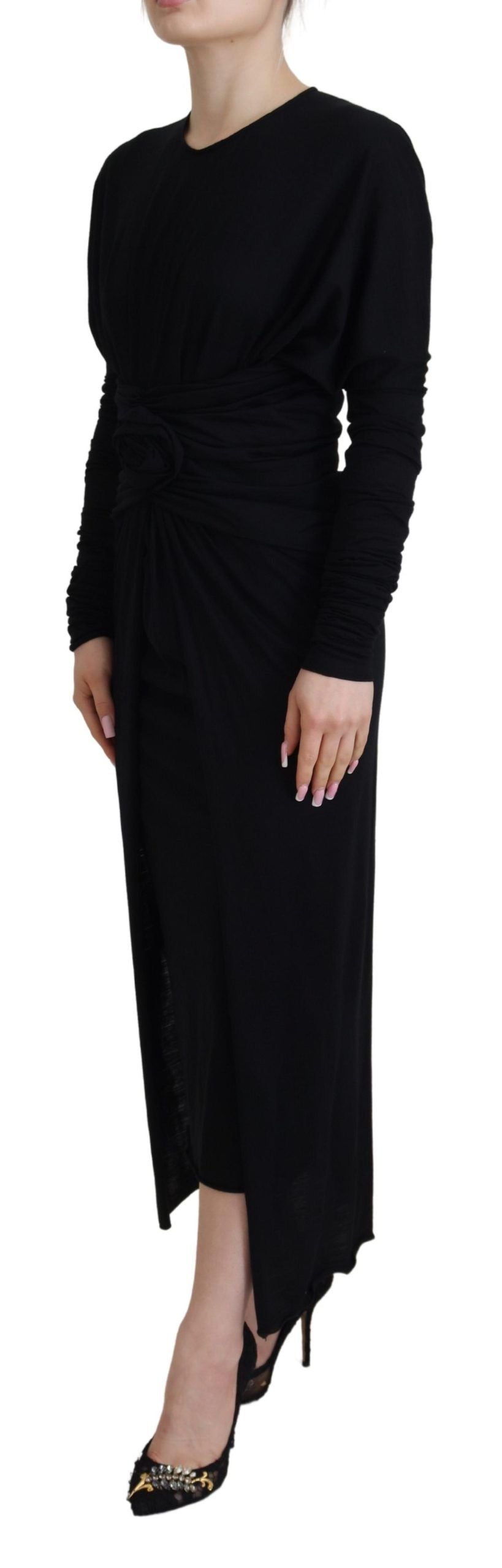 Black Sheath Midi Gown Wool Wrap Dress Dress Dolce & Gabbana