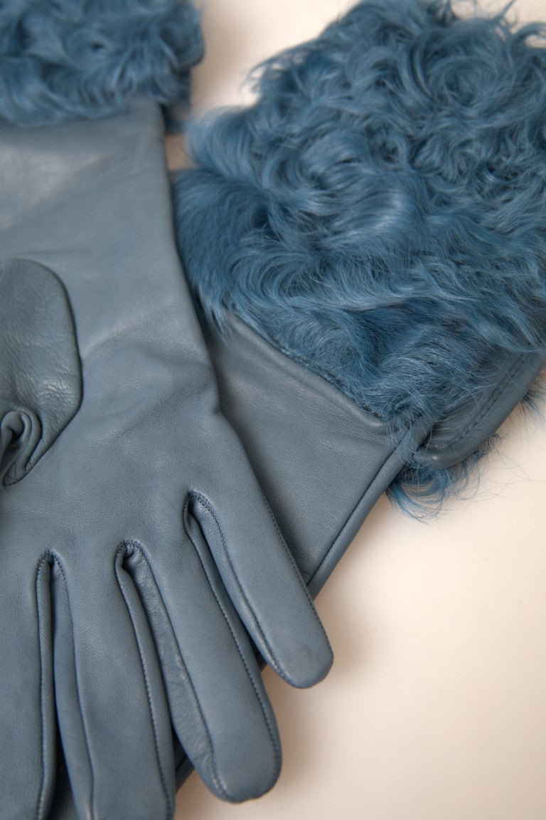 Blue Leather Fur Mid Arm Length Gloves Gloves Dolce & Gabbana