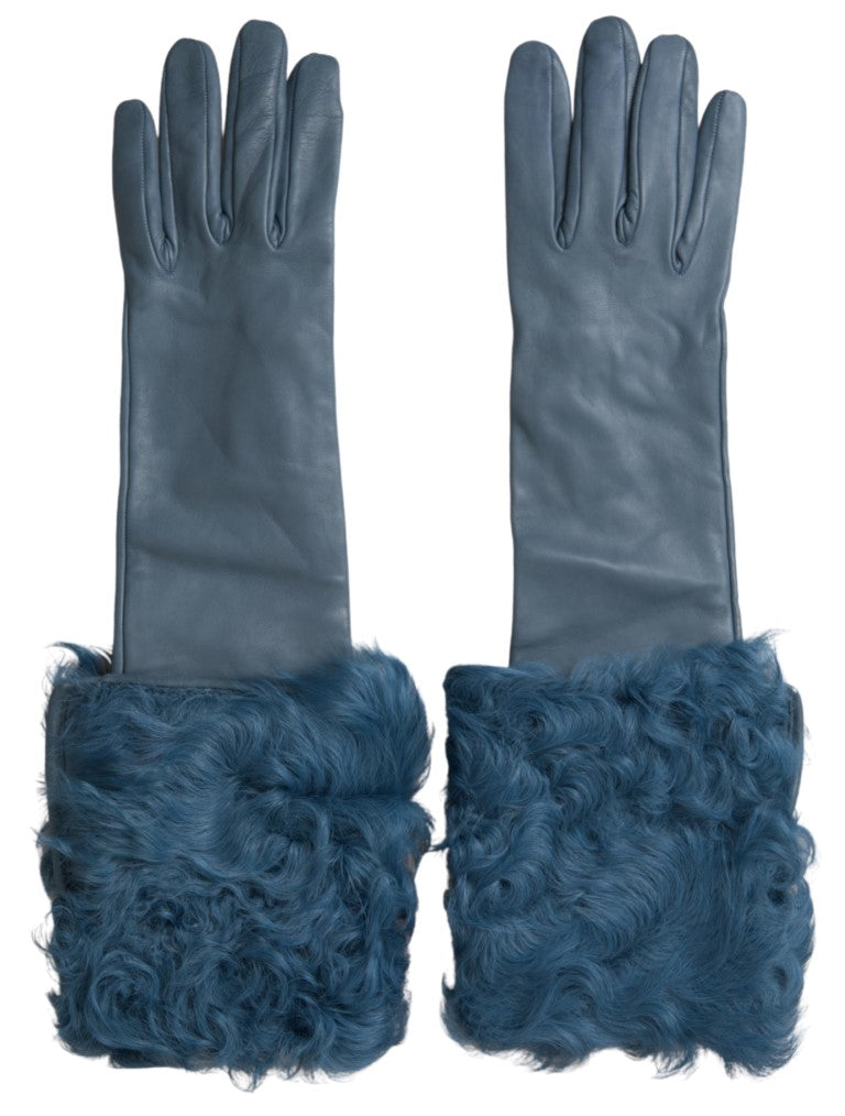 Blue Leather Fur Mid Arm Length Gloves Gloves Dolce & Gabbana