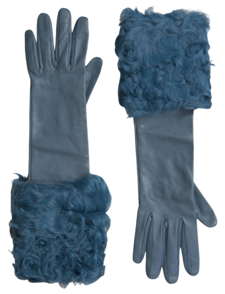 Blue Leather Fur Mid Arm Length Gloves Gloves Dolce & Gabbana