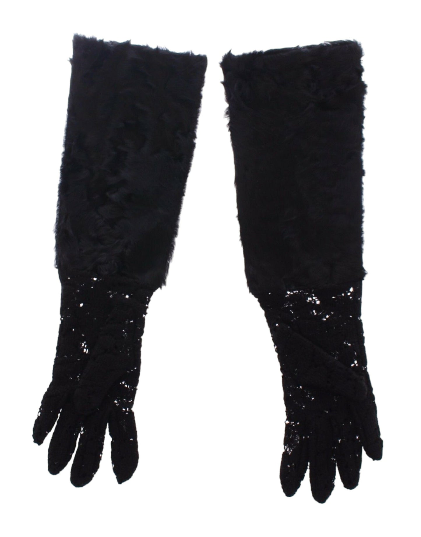 Black Lace Wool Lambskin Fur Elbow Gloves Gloves Dolce & Gabbana