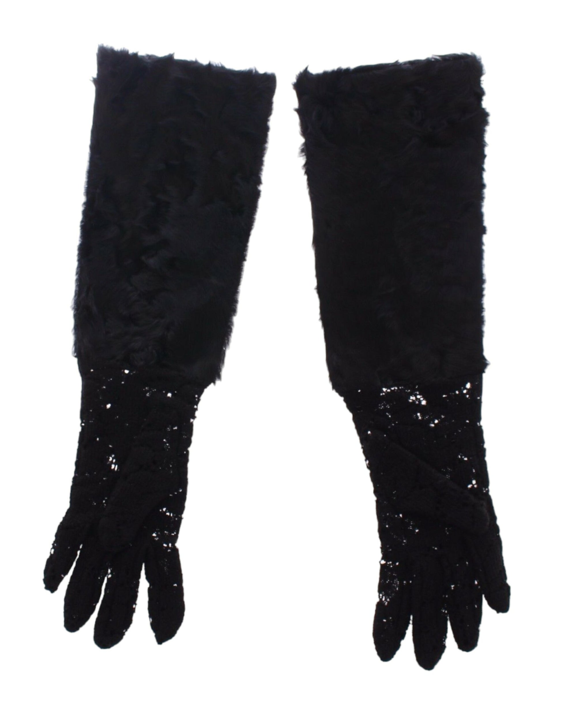 Black Lace Wool Lambskin Fur Elbow Gloves Gloves Dolce & Gabbana