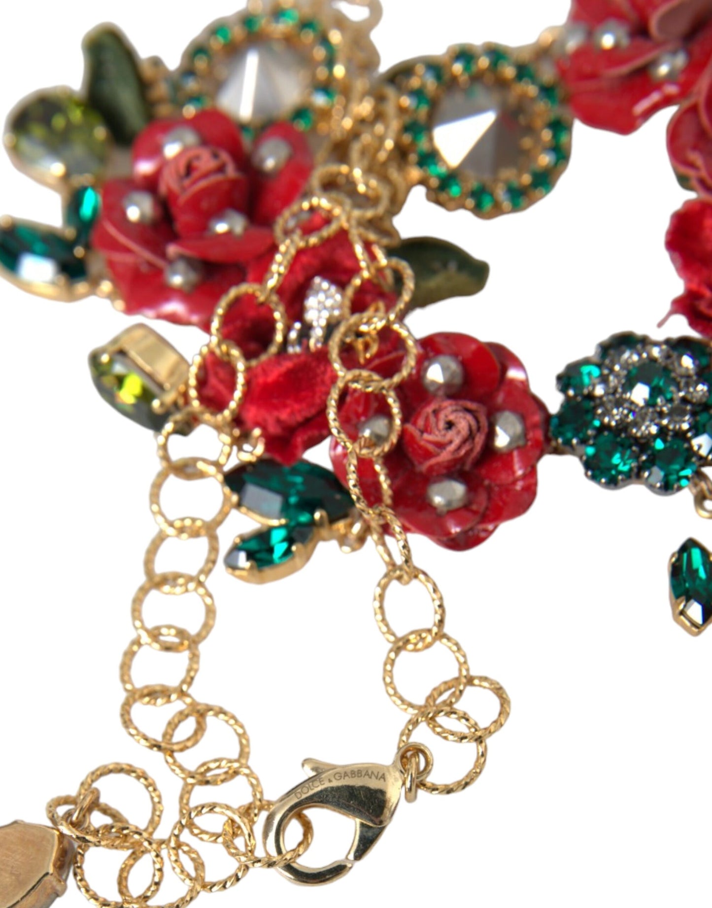 Gold Brass Link Chain RosePetal Crystal Pendant Necklace Jewelry Dolce & Gabbana