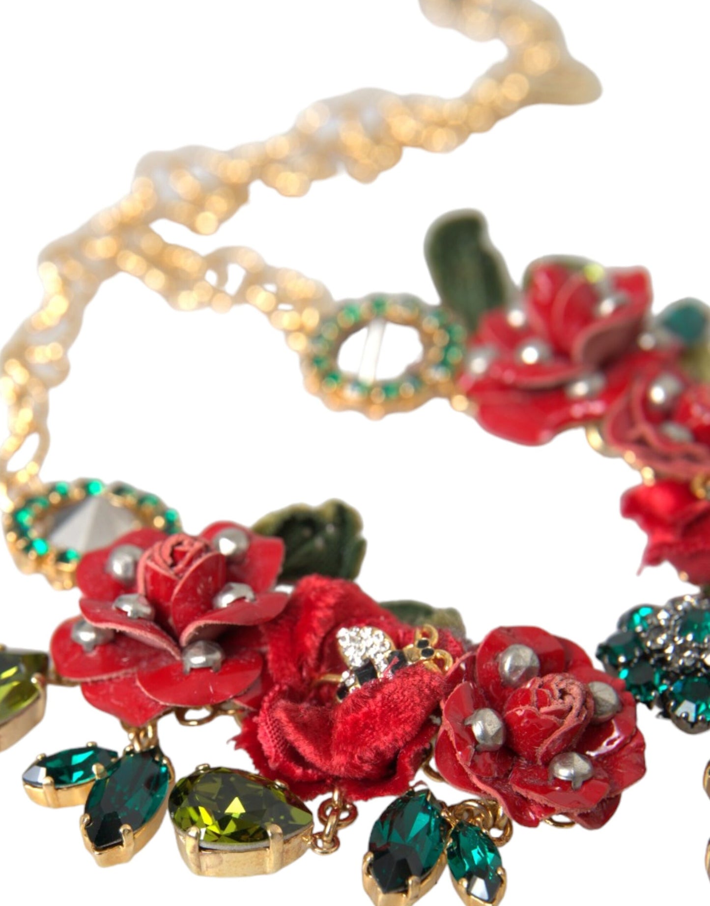 Gold Brass Link Chain RosePetal Crystal Pendant Necklace Jewelry Dolce & Gabbana