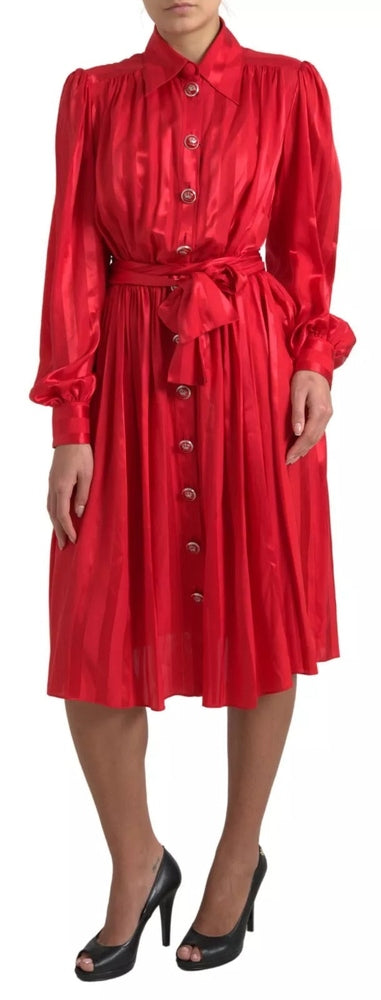 Red Button Down Belted Midi Satin Silk Dress Dress Dolce & Gabbana