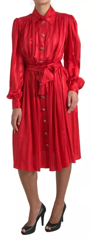 Red Button Down Belted Midi Satin Silk Dress Dress Dolce & Gabbana