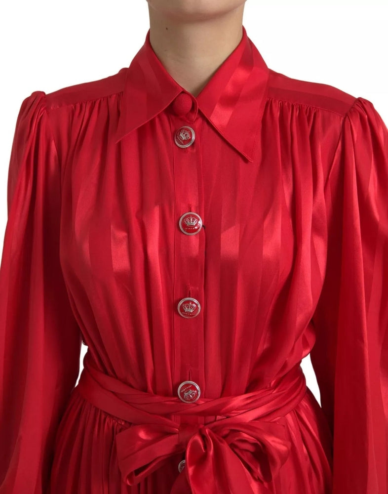 Red Button Down Belted Midi Satin Silk Dress Dress Dolce & Gabbana