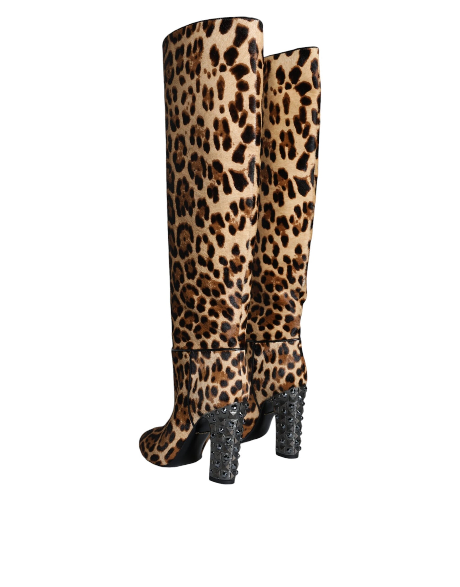 Beige Black Leopard Knee High Boots Shoes Shoes Dolce & Gabbana