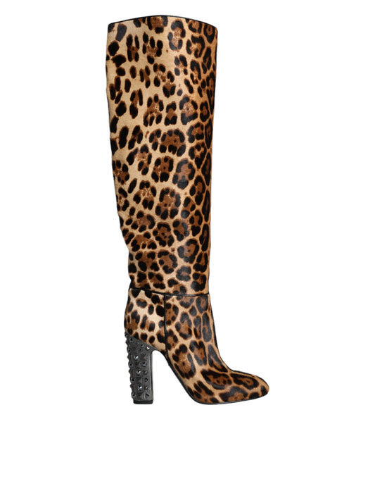 Beige Black Leopard Knee High Boots Shoes Shoes Dolce & Gabbana