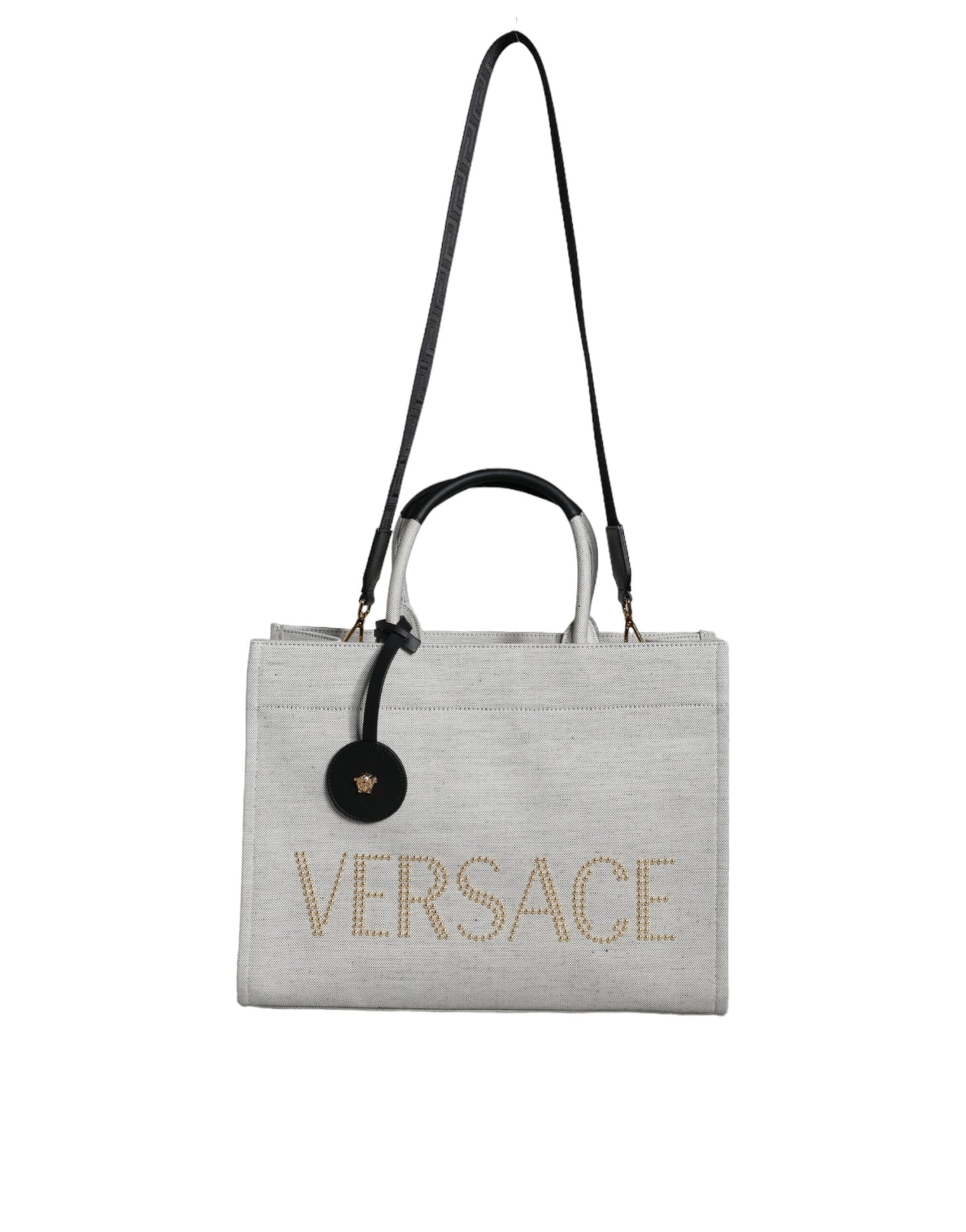 White Top Handle Canvas Leather Logo Crossbody Tote Bag Bags Versace
